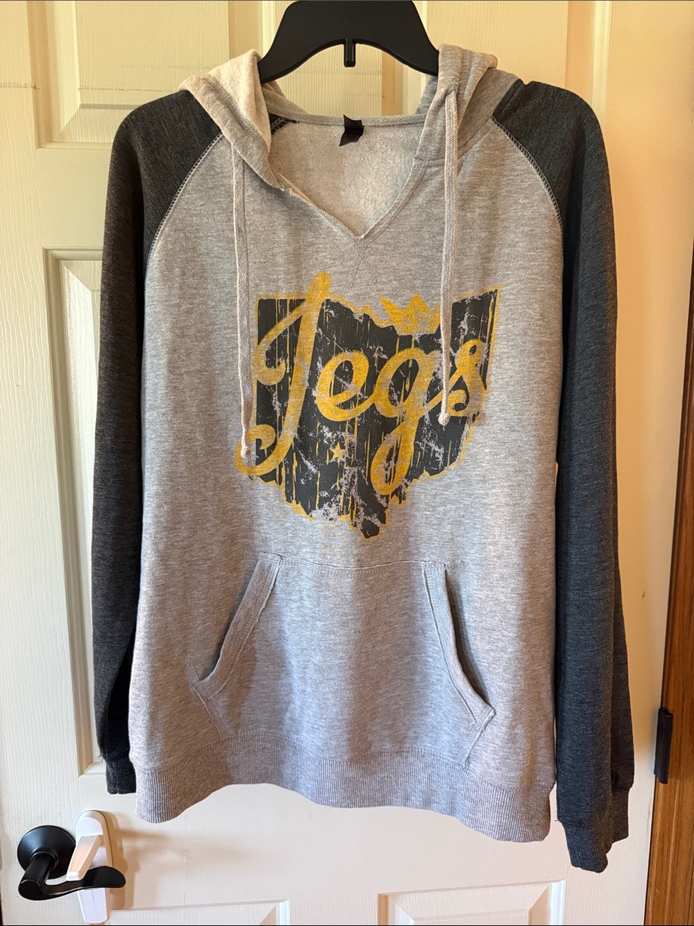District Men's Grey Hoodie “JEG’s” with Charcoal Sleeves and Yellow Tegs Graphic